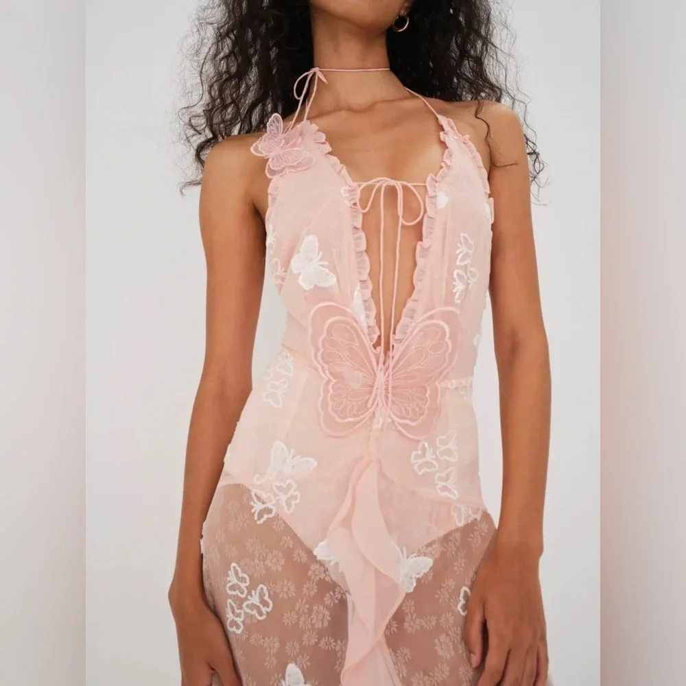 New! For Love & Lemons Beckett Lace Sheer Butterfly Sequin Bodysuit Maxi Dress M - Picture 6 of 16